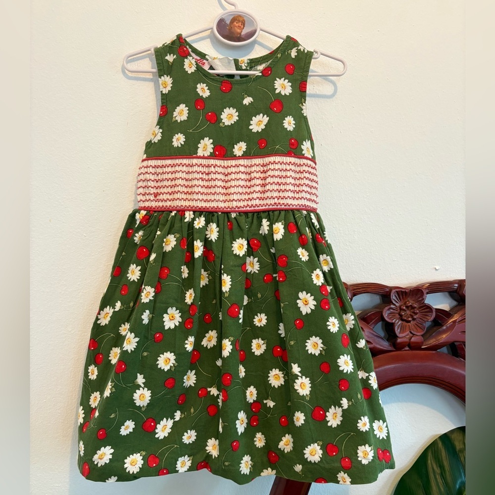 Vintage Smocked Green Cherry and Floral Kids Dress